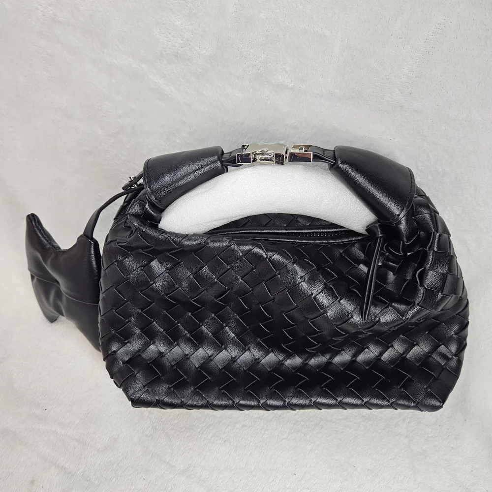 New Black Woven Faux Leather Clutch Purse w/ Chain Strap & Silver Clasp